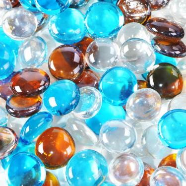 Imagem de vchin Contas de vidro de fogo misturadas de 9 kg, contas redondas de vidro para fogueira, lareira e tigela de fogo (azul caribenho + gelo cristal + âmbar)