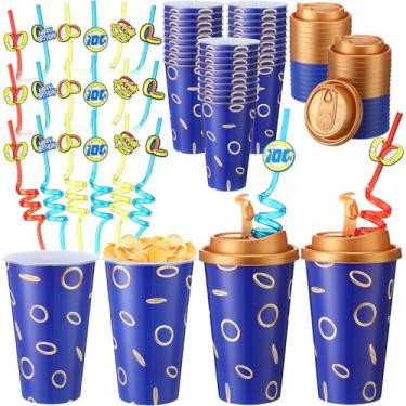 Imagem de Yungyan 24 conjuntos de anéis azuis e dourados copos de lembrancinha de festa com tampas e canudos para decorações de aniversário reutilizáveis 473 ml copos de plástico para doces canudos de plástico