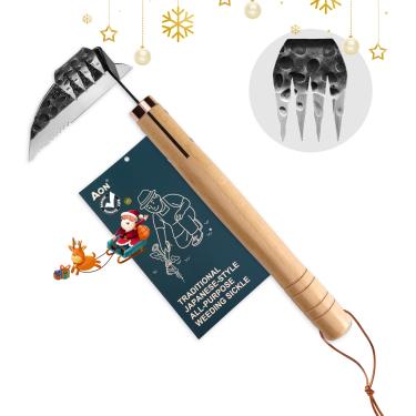 Imagem de AON Foice de remoção de ervas daninhas japonesas multiuso e enxada manual, ferramenta extrator de ervas daninhas de aço forjado com borda afiada e 4 dentes para cavar, remover ervas daninhas