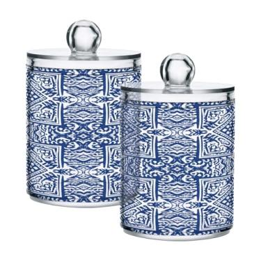Imagem de Qilmy Pacote com 2 suportes Blue Patterns Qtip, frascos de boticário de 400 ml, vasilha organizadora de banheiro para cotonetes, bolas de algodão, almofadas de maquiagem, fio dental, sais de banho