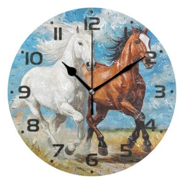 Imagem de JUZIHAI Relógio de parede com dois cavalos de corrida, silencioso, sem tique-taque, relógios de parede redondos operados por bateria, fácil de ler, relógio decorativo de parede para casa, cozinha