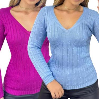 Imagem de Kit 2 Blusas Industrie Femininas Suéter Lilás e Bebe Malha Tricô Manga Longa Tamanho:Único;Cor:-Feminino