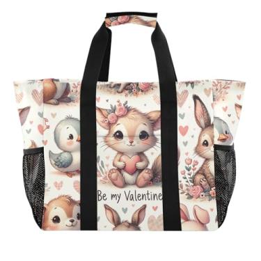 Imagem de ODAWA Bolsa de mercearia portátil dobrável durável para mulheres - bolsa grande com bolsos, coelho dos namorados segurando coração, Coelho dos Namorados segurando coração, One Size