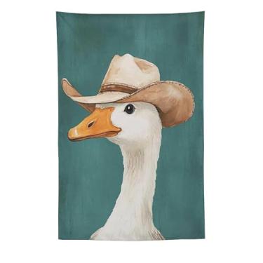 Imagem de Tapeçaria de parede de chapéu de cowboy de ganso decoração de animais de fazenda brincalhão fundo azul-petróleo rústico arte rústica para sala de estar quarto lavanderia bonito destaque caprichoso