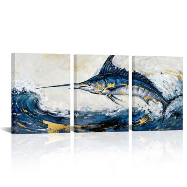 Imagem de SkenoArt Arte abstrata de parede de peixe marlin imagens de pesca náutica decoração de parede arte abstrata de peixe para meninos homens quarto sala de estar banheiro 12"x16"x3