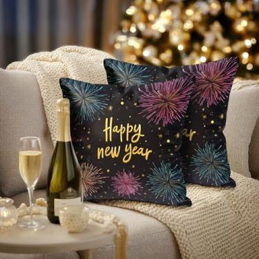 Imagem de HOMETITUTE Conjunto de 2 capas de almofada de feliz ano novo 45,7 x 45,7 cm, capas de almofada decorativas douradas pretas de fogos de artifício rústica, fazenda, férias, inverno, para sofá, cama