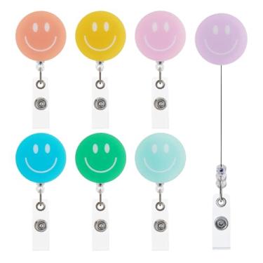 Imagem de DICOSMETIC 7 peças, 7 cores, carretel de crachá de rosto sorridente, clipe retrátil para crachá de identidade, clipes de carretel de enfermeira com clipe jacaré giratório de 360° para professores