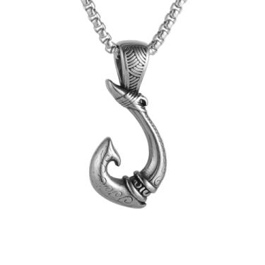 Imagem de Colar com pingente de anzol havaiano masculino e feminino com padrões requintadamente esculpidos no pingente, aço inoxidável 316L, corrente de pérola quadrada de aço inoxidável prata, presente de joia