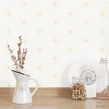 Imagem de EPPKILY Papel de parede floral dourado descasque e cole papel de parede geométrico abstrato ouro/bege para quarto de banho de berçário 44,5 cm x 299,7 cm papel de contato autoadesivo para armários