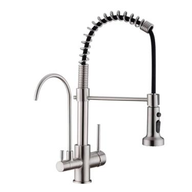 Imagem de Torneira de cozinha comercial 3 em 1 de níquel escovado com mola, pulverizador de furo único de arco alto, torneira de pia de cozinha, sistema RO torneira de filtro de água integrada à torneira de