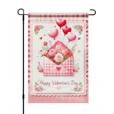 Imagem de HOMETITUTE Bandeira de jardim de Dia dos Namorados 30,5 x 45,7 cm envelope duplo face feliz dia dos namorados rosas balões coração borda guingão rosa bandeira romântica exterior quintal bandeira para