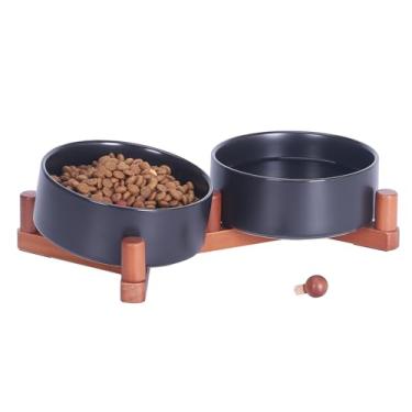 Imagem de Conjunto de tigelas de cerâmica para cães e gatos com suporte de madeira, tigelas de água e ração para animais de estimação com peso antiderrapante, alimentador duplo elevado para cães pequenos e