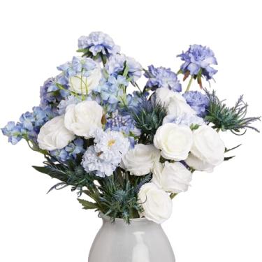 Imagem de Ingredmix Buquês de flores artificiais, hastes falsas, arranjos florais de rosa branca do mar lilás azevinho para decoração de escritório em casa, mesa de jantar, decoração de festa de casamento e