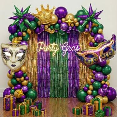 Imagem de Mardi Gras party Decorations with Purple Green Gold Balloon Garland Arch Kit & large Star Masquerade Mardi Mask Crown foil Balloons for 2026 Birthday Masquerade fat Tuesday Theme party Decorations