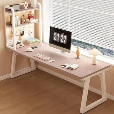 Imagem de Mesa de escritório em casa elegante com armazenamento de quadro, mesa de estudo de escrita resistente para sala de estar e quarto, acabamento branco leite, 120 x 60 x 74 cm, design DIY