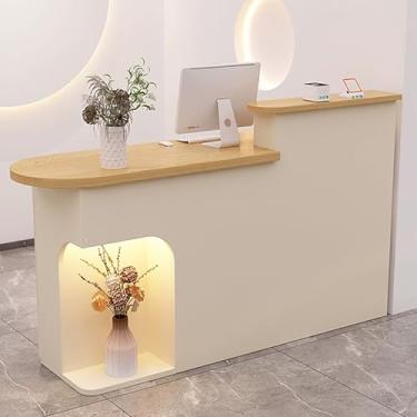 Imagem de Mesa de recepção moderna com luz LED, balcão de caixa com gaveta e armário, mesa de balcão de varejo para loja, escritório, sala de recepção - bege - 140 x 50 x 105 cm