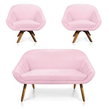 Imagem de Kit 01 Namoradeira 02 Lugares e 02 Poltronas Giratória Giovana Suede Rosa Bebê Base Madeira MM30 - D'Rossi
