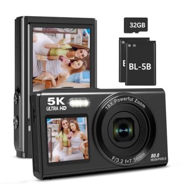 Imagem de Câmera digital 5K, câmera vlogging de 80 MP para YouTube com zoom digital e flash 18x, câmera de tela dupla com cartão TF de 32 GB e 2 baterias, câmera compacta portátil para crianças, adolescentes e