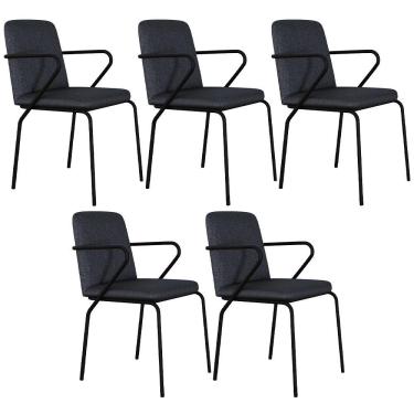 Imagem de Kit 05 Cadeiras Estofada Para Sala De Jantar Com Braço Loft Preto C01 Linho Grafite - Lyam Decor