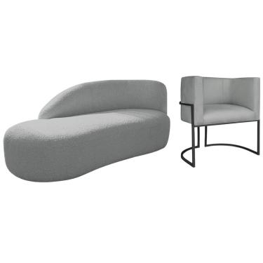 Imagem de Kit Divã Luna 160cm Lado Esquerdo E 01 Poltrona Base De Ferro Preto Bouclé Cinza
