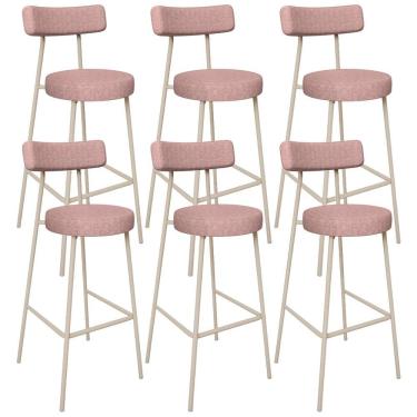 Imagem de Kit 06 Banquetas Alta Bar Cozinha Sala De Jantar Aço Milão Arena L02 Linho Rosa - Lyam Decor