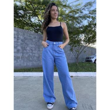 Imagem de Calça Wide Leg jeans marmorizada Pantalona boca larga cintura alta pre