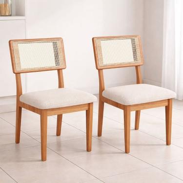 Imagem de Kit 2 Cadeiras de Jantar Assento Estofado em Tecido de Linho com Encosto em Tela Mdf Freijó / Bege Rústico