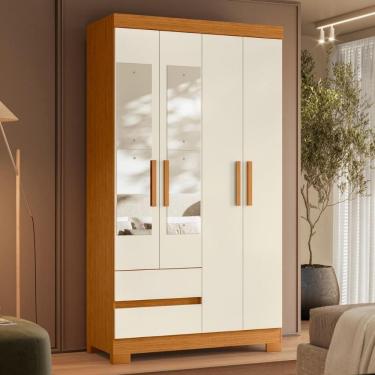 Imagem de Armário De Quarto Com Espelho E Prateleiras 6 Portas Cinamomo Mel Off White