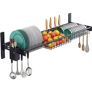 Imagem de Rack De Secagem De Pratos Ajustável Sobre A Pia, Escorredor De Pratos Preto Em Grande Capacidade, Rack De Secador De Pratos Montado Na Parede Com Suporte De Utensílio Suspenso Para Organizador De