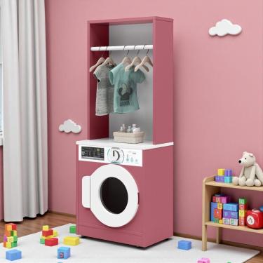 Imagem de Lavadora de Brinquedo Cabideiro para Quarto Infantil Branco Rosa em Mdf-Mdp de Casa