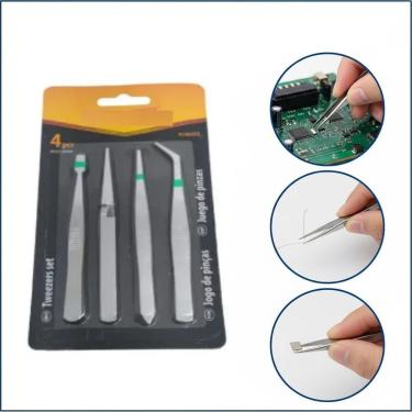 Imagem de Kit Pinça de Precisão 4 Peças Ponta Fina Curva Reta Eletrônica Artesanato Inox Yeet