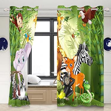 Imagem de Yeele Cortinas de animais safári infantil com ilhós desenho selva térmica com isolamento térmico impresso para sala de estar quarto à prova d'água poliéster quarto escurecimento cortinas de janela conjunto de 2 painéis