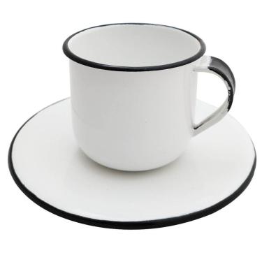 Imagem de Caneca Esmaltada Xícara Com Pires Para Chá Café 180ml Branco