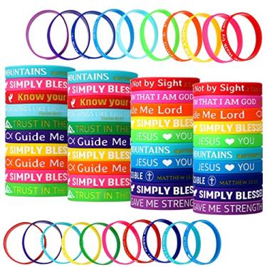 Imagem de Skylety 60 pulseiras com versículo da Bíblia, presentes motivacionais para lembretes diários e escrituras cristãs, pulseiras de borracha com versículo bíblico, pulseiras de silicone para igreja
