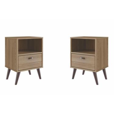 Imagem de Kit 2 Mesas de Cabeceira Pequena Apoio Lateral Com 1 Gaveta 4 Pés Quarto Marrom Madeira