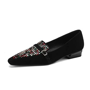 Imagem de TinaCus Mocassim feminino feito à mão de couro genuíno com strass colorido, sem cadarço, bico quadrado, Preto, 39