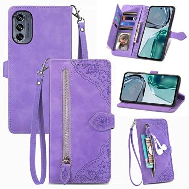 Imagem de Estojo tipo carteira de couro premium para Motorola Moto G62, estojo magnético flip case capa de telefone [capa interna de TPU à prova de choque] capa de telefone, alça de pulso W (Color : Purple)