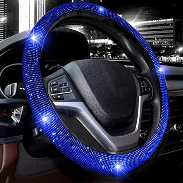 Imagem de Capa de volante ValleyComfy para mulheres com diamante de cristal brilhante brilhante para carro SUV protetor de roda ajuste universal 38 cm (preto com diamante azul)