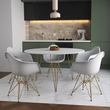 Imagem de Mesa Jantar Redonda 110Cm Branca Clips 3 Pés Com 5 Poltronas Brancas Base Dourada - Cor: Branco