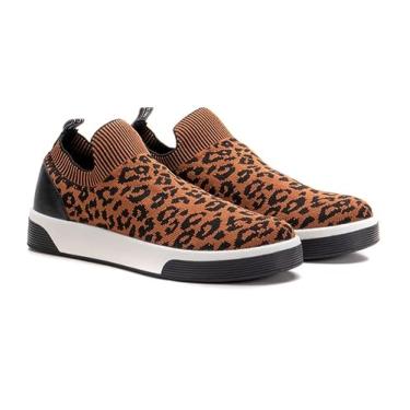 Imagem de Tênis Feminino Slip On Meia Tricô Onça Marina Mello Conforto Cor:Marrom;Tamanho:34