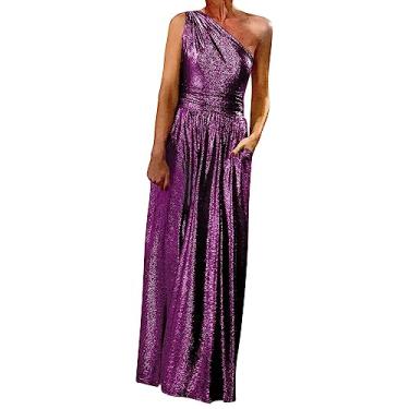 Imagem de UIFLQXX Vestido longo feminino plus size cor sólida inclinado ombro bolso swing vestido casual vestido de festa vestidos formais, Roxo, M