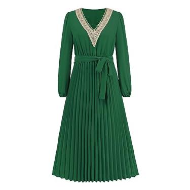 Imagem de UIFLQXX Vestido maxi feminino plus size com decote em V de renda manga longa cor sólida vestido plissado moda vestido longo solto vestido midi, Verde, P