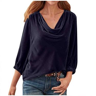 Imagem de Blusas femininas para outono inverno manga curta gola V veludo elegante franzido blusas camisas femininas 2024, X-984 Roxo, M