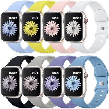 Imagem de DaQin Pulseira compatível com Apple Watch 40mm para mulheres e homens, pulseira para iWatch 38mm 41mm 42mm 44mm 45mm 46mm 49mm, pacote com 8 pulseiras de silicone macio para Apple Watch Ultra/Ultra 2