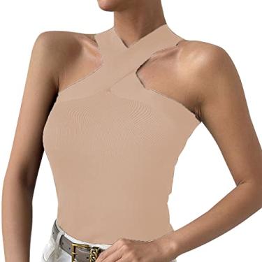 Imagem de Camiseta regata feminina de malha gráfica para treino plus size sem mangas elegante verão blusa floral colete de festa, Bege, P