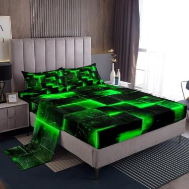 Imagem de Erosebridal Jogo de lençol de casal abstrato preto verde gradiente, quadriculado geométrico, jogo de cama quadriculado neon, jogo de cama xadrez brilhante, moderno, decoração de quarto 3D, 4 peças