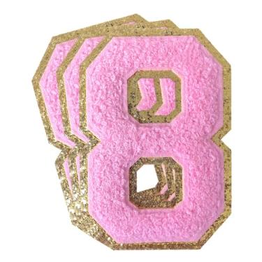 Imagem de 3 peças de remendos de número de chenille rosa glitter ferro em remendos de letras Varsity Remendos bordados de chenille costurar em remendos para roupas chapéu bolsas jaquetas camisa (rosa, 8)