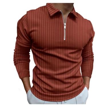Imagem de Camisa polo masculina estampa listrada meia frente zíper pulôver cor sólida manga longa slim fit, Marrom, XXG