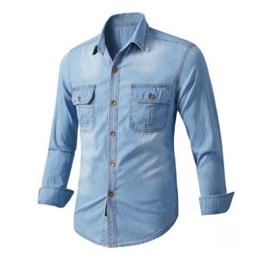 Imagem de Camisa jeans masculina, manga comprida, bainha reta, cor sólida, gola aberta, botões, punhos, camisa, Azul claro, 4G