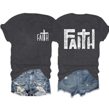 Imagem de YLISA Camiseta feminina Faith com estampa de cruz cristã, versículo bíblico, religiosa, casual, verão, manga curta, Cinza escuro 1, GG